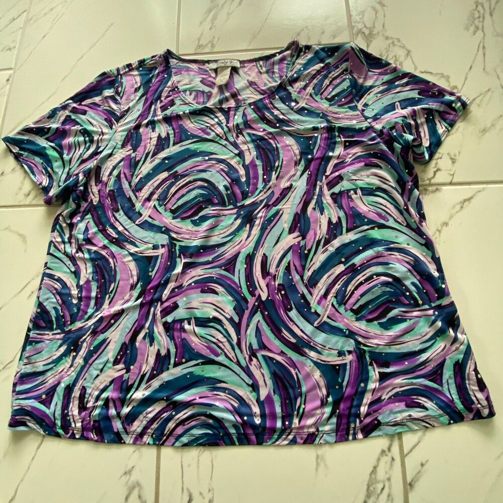 Only 9 Women 2X Multicolor Abstract Short Sleeve Pullover Top Made In USA